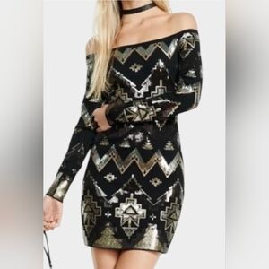 Express Women's Black Off The Shoulder Deco Metallic Aztec Sequined Mini Dress M